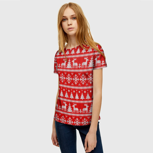Женская футболка 3D Новогодний узор с елкой и оленями, цвет 3D печать - фото 3