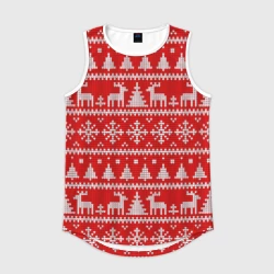 Мужская спортивная майка 3D Новогодний узор с елкой и оленями