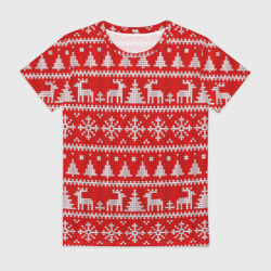 Женская футболка 3D Новогодний узор с елкой и оленями