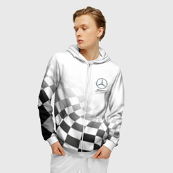 Толстовка с принтом Mercedes, Мерседес спорт, финишный флаг, формула 1 для мужчины, вид на модели спереди №2. Цвет основы: белый