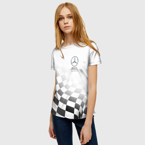 Женская футболка 3D с принтом MERCEDES, МЕРСЕДЕС СПОРТ, ФИНИШНЫЙ ФЛАГ, ФОРМУЛА 1, фото на моделе #1