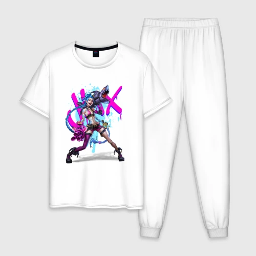 Мужская пижама с белой футболкой хлопок LOL Jinx брызги красок