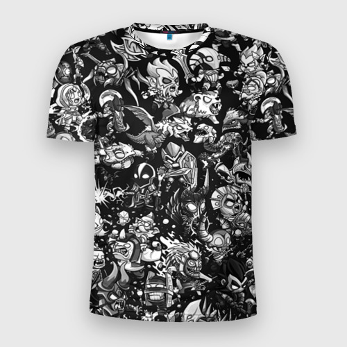 Мужская футболка 3D Slim с принтом DOTA 2 ВСЕ ПЕРСОНАЖИ ЧЁРНО БЕЛЫЙ, вид спереди #2
