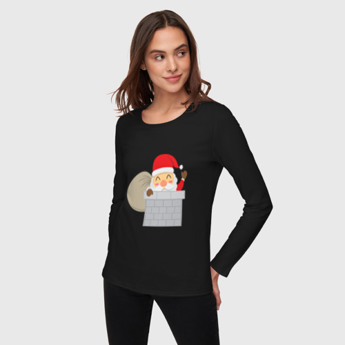 Женский лонгслив хлопок с принтом Дед Мороз в трубе, фото на моделе #1
