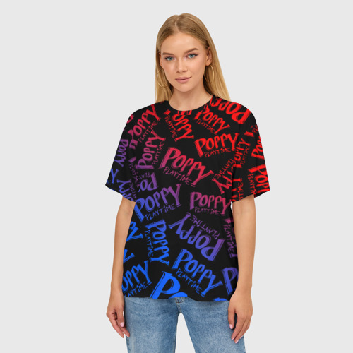 Женская футболка oversize 3D Poppy Playtime logo neon, Хаги Ваги, цвет 3D печать - фото 3