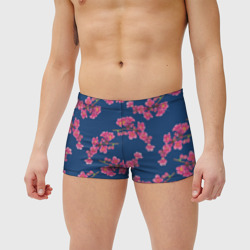 Мужские купальные плавки 3D Веточки айвы с розовыми цветами на синем фоне - фото 2