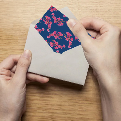 Поздравительная открытка Веточки айвы с розовыми цветами на синем фоне, цвет белый - фото 4