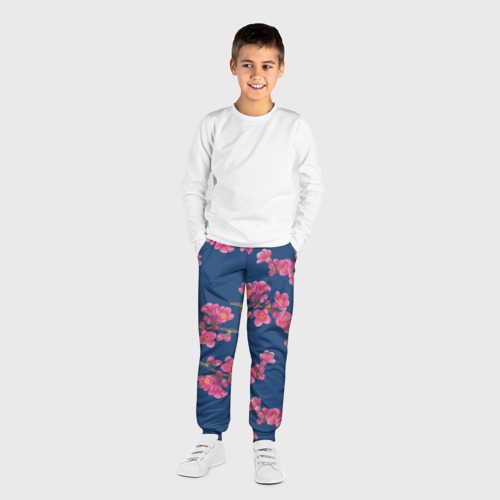 Детские брюки 3D Веточки айвы с розовыми цветами на синем фоне, цвет 3D печать - фото 4