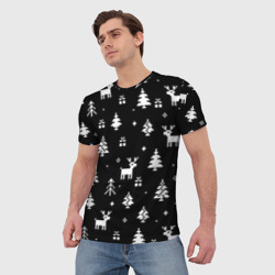 Мужская футболка 3D Елки и олени на черном фоне - фото 2