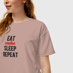 Женская футболка хлопок Oversize Eat оливье Sleep Repeat - фото 2