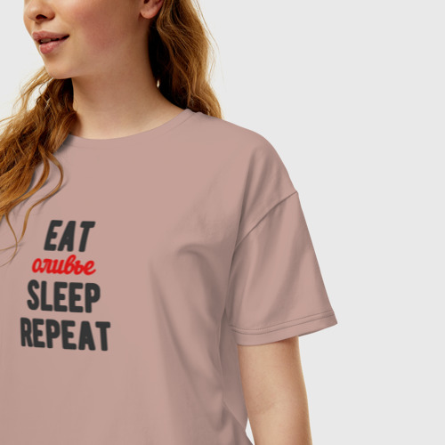 Женская футболка хлопок Oversize Eat оливье Sleep Repeat, цвет пыльно-розовый - фото 3
