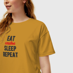 Женская футболка хлопок Oversize Eat оливье Sleep Repeat - фото 2