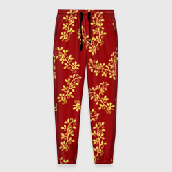 Мужские брюки 3D Золотые веточки на ярко красном фоне