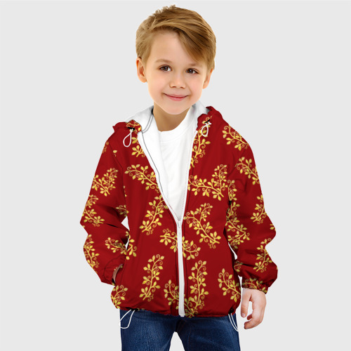 Детская куртка 3D Золотые веточки на ярко красном фоне, цвет белый - фото 3
