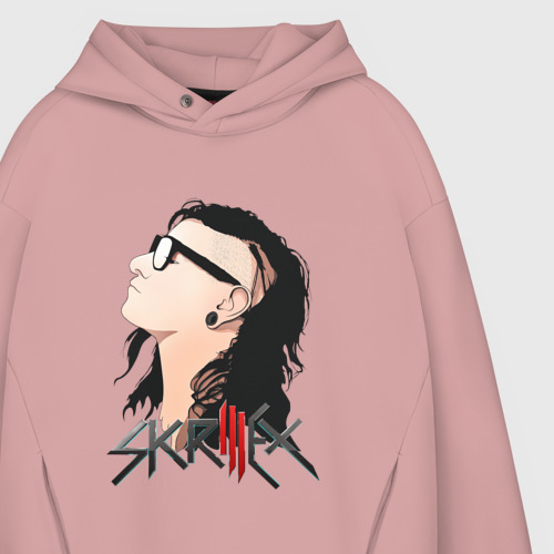 Мужское худи Oversize хлопок Портрет Skrillex Скриллекс, цвет пыльно-розовый - фото 4