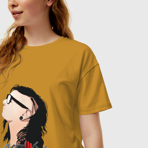 Женская футболка хлопок Oversize Портрет Skrillex Скриллекс, цвет горчичный - фото 3