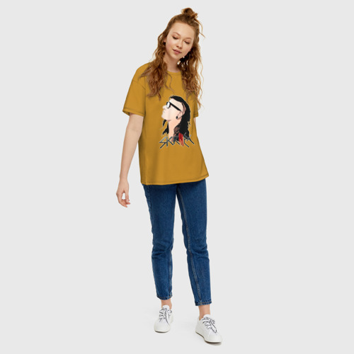 Женская футболка хлопок Oversize Портрет Skrillex Скриллекс, цвет горчичный - фото 5