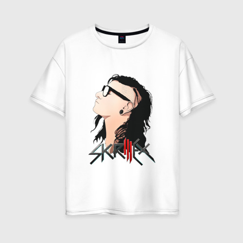Женская футболка из хлопка оверсайз с принтом Портрет Skrillex Скриллекс, вид спереди №1