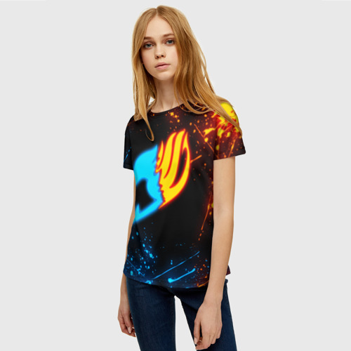 Женская футболка 3D с принтом FAIRY TAIL FLAME LOGO NEON | ОГНЕННЫЙ ЛОГО ХВОСТ ФЕИ, фото на моделе #1