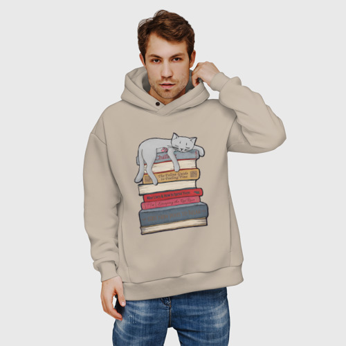 Мужское худи Oversize хлопок Кот и книги, цвет миндальный - фото 3