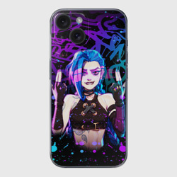 Чехол для iPhone 15 силиконовый с защитой камеры League Of Legends: Аркейн Джинкс неон