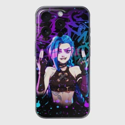 Чехол для iPhone 15 Pro силиконовый с защитой камеры League Of Legends: Аркейн Джинкс неон