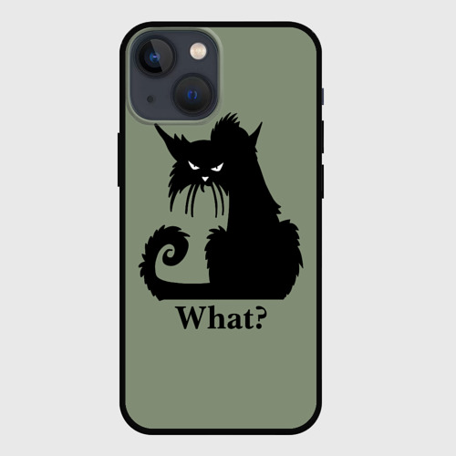 Чехол для iPhone 13 mini с принтом What суровый черный кот, вид спереди №1