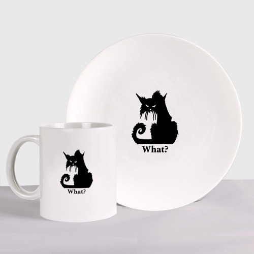 Набор: тарелка + кружка с принтом What - суровый черный кот, вид спереди №1