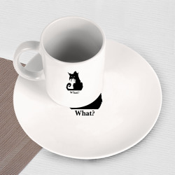 Набор: тарелка кружка с принтом What - суровый черный кот для любого человека, вид спереди №3. Цвет основы: белый