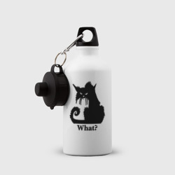 Бутылка с принтом What - суровый черный кот для любого человека, вид спереди №2. Цвет основы: белый