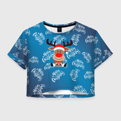 Женская футболка Crop-top 3D Merry Christmas Олень с подарком