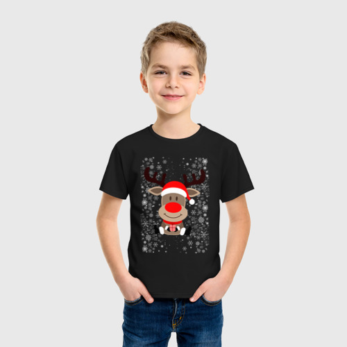Детская футболка хлопок Олень с новогодним подарком, цвет черный - фото 3