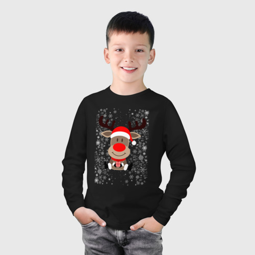 Детский лонгслив хлопок Олень с новогодним подарком, цвет черный - фото 3