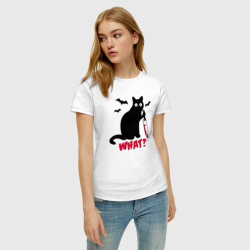 Женская футболка хлопок What - кот маньяк, цвет белый - фото 3