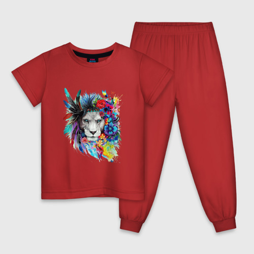 Детская пижама хлопок Лев в цветах и перьях, цвет красный