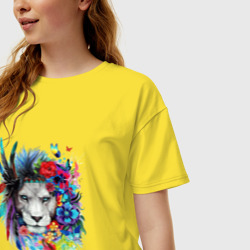 Женская футболка хлопок Oversize Лев в цветах и перьях - фото 2