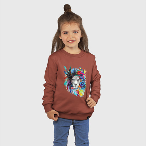 Детский свитшот хлопок Лев в цветах и перьях, цвет кирпичный - фото 3