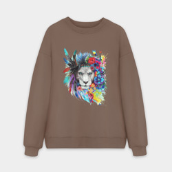 Мужской свитшот oversize без начеса хлопок Лев в цветах и перьях