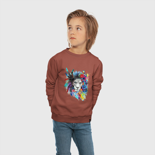 Детский свитшот хлопок Лев в цветах и перьях, цвет кирпичный - фото 5