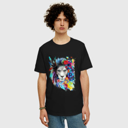 Мужская футболка хлопок Oversize Лев в цветах и перьях - фото 2