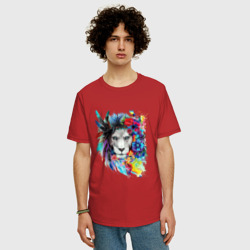 Мужская футболка хлопок Oversize Лев в цветах и перьях - фото 2