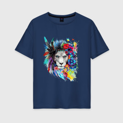 Женская футболка хлопок Oversize Лев в цветах и перьях