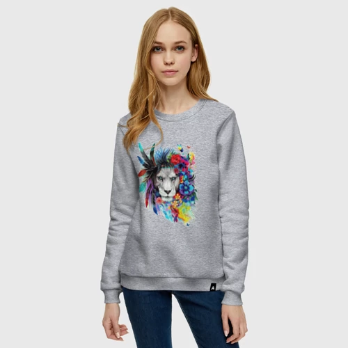 Женский свитшот хлопок Лев в цветах и перьях - фото 3