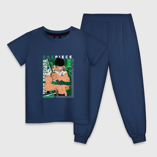 Детская пижама хлопок с принтом Ван-Пис | One Piece,  Зоро Ророноа | Zoro Roronoa с надписями, вид спереди #2