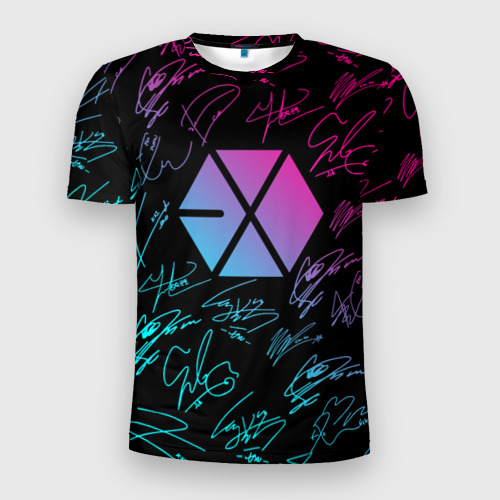 Мужская приталенная футболка с принтом Exo band неоновые автографы, вид спереди №1