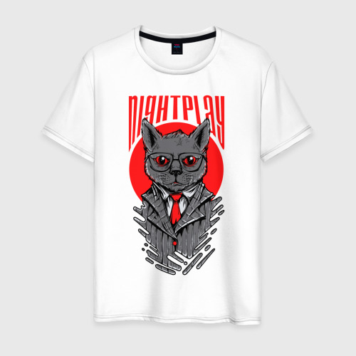 Мужская футболка из хлопка с принтом Деловой кот, вид спереди №1