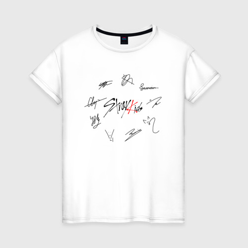 Женская футболка из хлопка с принтом Stray kids автографы чёрный, вид спереди №1
