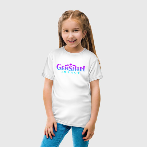 Детская футболка хлопок с принтом Genshin Impact neon logo Геншин Импакт неон, вид сбоку #3