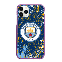 Чехол для iPhone 11 Pro матовый Manchester city лого, брызги красок