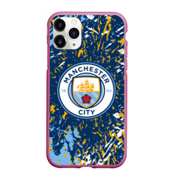 Чехол для iPhone 11 Pro Max матовый Manchester city лого, брызги красок